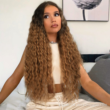 Good Quality Cheap Price Natural Hairline Swiss Lace Ombre Black Brown Long Fiber Kinky Curly Synthetic Hair Wigs